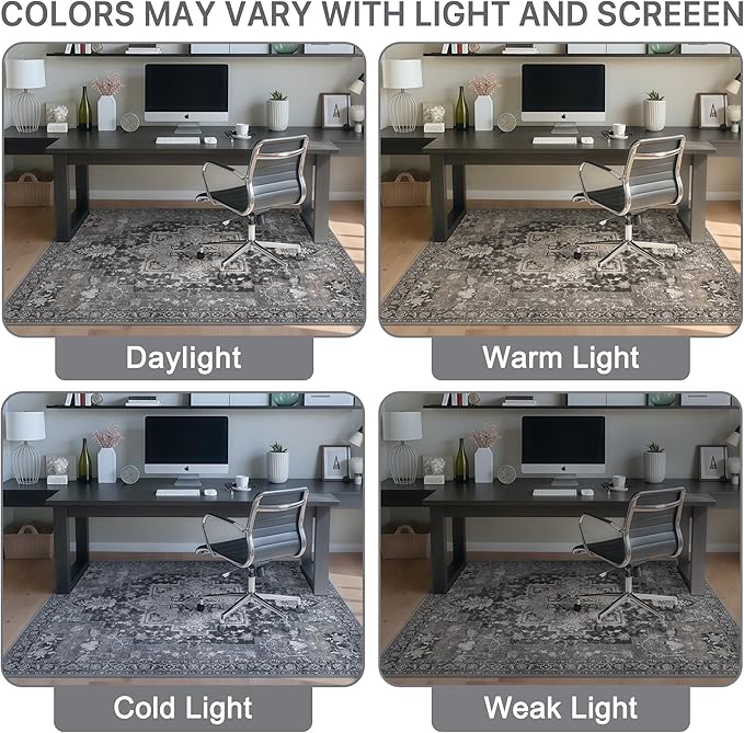 48"x48" Office Chair Mat for Hardwood Tile Floor, Under Desk Carpet Protector for Rolling Computer Chair Mat, Machine Washable Round Area Rug, Anti-Slip 1/5" Thick Low Pile Thin Floor Mat, Black