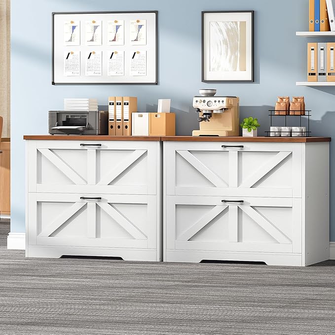 HOOBRO 2 Drawer File Cabinet, Farmhouse Lateral Filing Cabinet for Letter/A4/Legal Size, Large Wooden Office Storage Cabinet, Printer Stand for Home Office, White and Walnut WH48WJ01