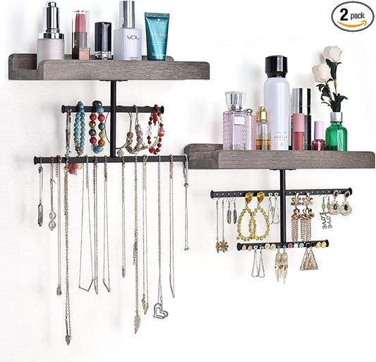 Keebofly Hanging Wall Mounted Jewelry Organizer with Rustic Wood Jewelry Holder Display for Necklaces Bracelet Earrings Ring Set of 2 Weathered Grey,[Patented]