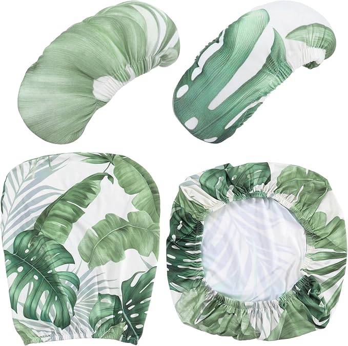 Tallew 4 Pcs Office Chair Covers Set Computer Universal Protective Stretchable Chair Seat Covers Desk Armrest Cover Pads Office Cushion Backrest for Rotating(Palm Leave,Green)