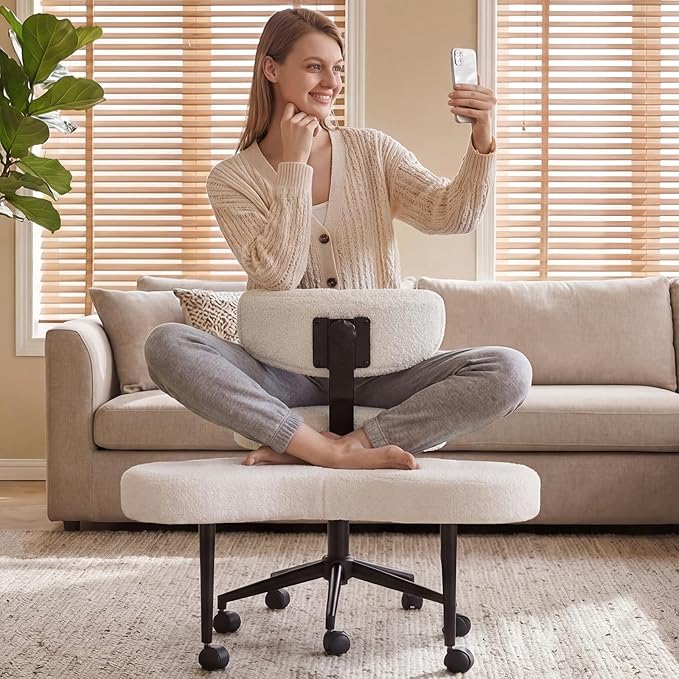 DUMOS Ergonomic ADHD Cross Legged Office Desk Chair with Adjustable Backrest, Height Adjustable Meditation Chair with 360° Swivel Footstool, Teddy Fabric Yoga Stool for Home Office, White