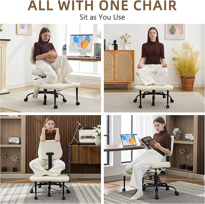 Criss Cross Legged Meditaion Chair,Exquisite Home Office Furniture,Ergonomic Kneeling with Lumbar Support and Adjustable Height Stool,for ADHD Adults,Teddy Fabric (White, Faux Leather)