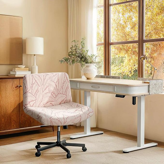 Fuloon Criss Cross Chair Cover, Stretchable, Solid Jacquard, Armless Chair Slipcovers for Office/Desk/Mid Back Wide Seat/Computer/Task/Vanity Chair (Reed -Shaped Jacquard, Pink)