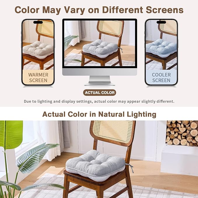 BETU Chair Cushions for Dining Chairs Set of 6,3.5" Thick Kitchen Table Chair Pads with Ties,Non Slip Backing and Covers, Seat Cushion for Dining Room,Bar,Patio Chairs,15.5"X15.5"X3.5",Light Grey