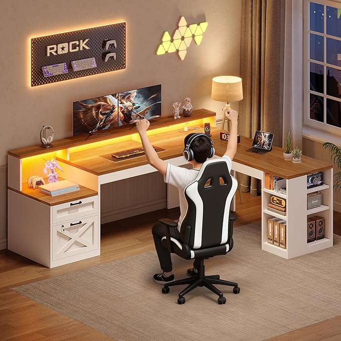 SEDETA L Shaped Desk with 2 Drawers, 65"x 59" Large Home Office Desk with Lockable File Drawer & Power Strip, Corner Desk with Storage & LED Strip, White + Brown