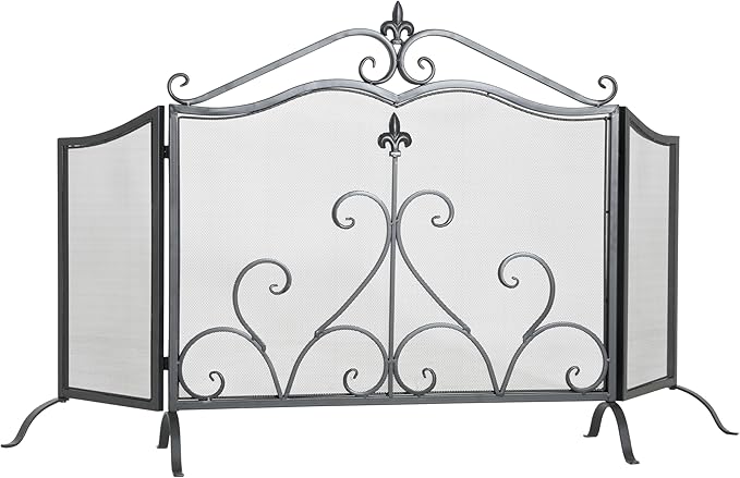 Christopher Knight Home Suho 3-Panel Iron Fireplace Screen, Foldable Fire Spark Guard with Wrought Metal Decorative Mesh, Arch Heavy Duty with Central Floral Pattern, 54" x 31.5", Black