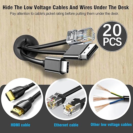 1" Black Desk Grommet, JTemgle Flexible Cable Grommet Cross Rubber Cable Hole Cover Wire Organizer Caps Desktop Cord Management for Home Office TV Stands Tabletops, 20 Pieces