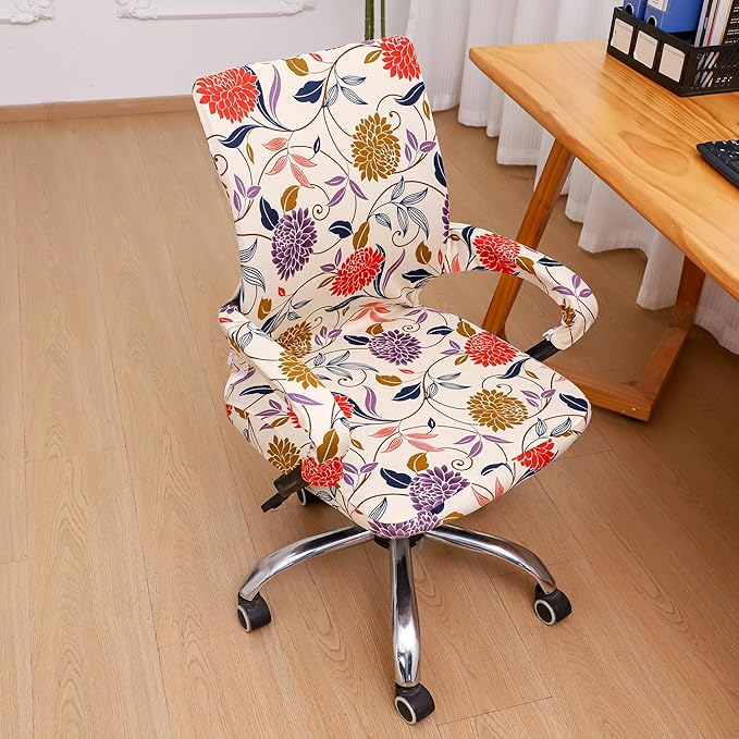 Waterproof Office Chair Cover with Armrest Cover 18Inch Wide Stretch Printed Floral Small Desk Computer Chair Covers with Long Zipper Arm Slipcovers Washable