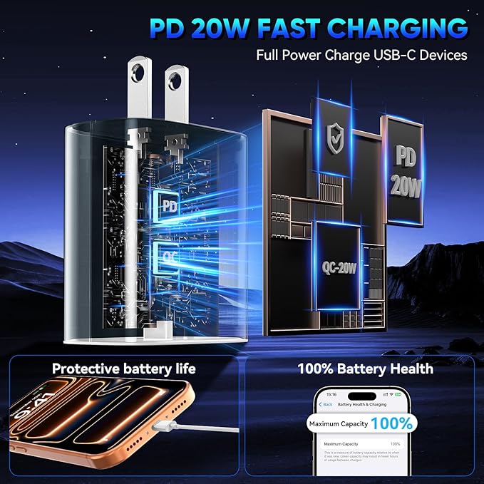 Phone 17 16 15 Pro Charger Fast Charging, 20W USB C Fast Charger Block with 6.6FT Long Type C Chargers Fast Charging Cable Cord for Phone 17/17 Pro/17 Pro Max/Air/16 Pro Max/16 Pro/15Pro Max/Pro, S24