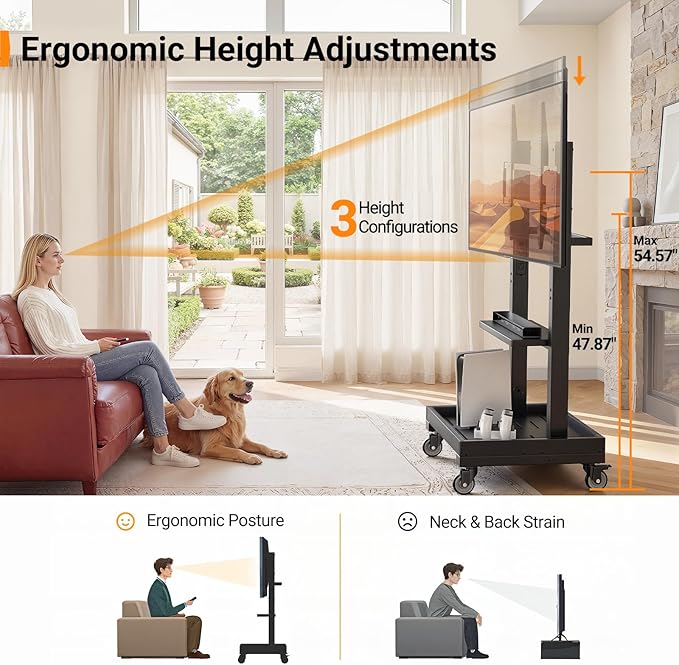 Perlegear Rolling TV Stand for 32”-110” TVs up to 250 lbs, Outdoor TV Stand with Large Wheels, Handle & Power Outlet, Height Adjustable Mobile TV Cart with Wood Shelf, Max VESA 800x600mm, PGTVMC24B