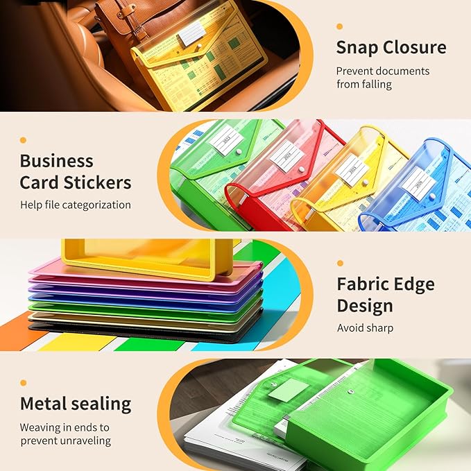 7 Pack Plastic Expanding File Folder, Transparent envelopes with Snap Closure,No Dividers,Large Capacity,Assorted Colors,Bills&Taxes,Letter/A4 Size for School/Office/Home
