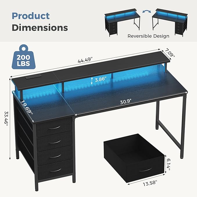 DUMOS Computer Desk with 4 Drawers,4 Drawer Gaming Desk with Power Outlets and LED Lights,Office Desk for Small Spaces with Monitor Shelf,Writing Desk for Home Office, Bedroom,Study 45 Inch Black