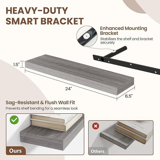 Acovy 24 Inch Floating Shelves for Wall 2 Pack, 24" Wall Shelves for Books, Storage, Decor, Wall Mounted Floating Shelf with Invisible Brackets for Kitchen, Living Room, Gray