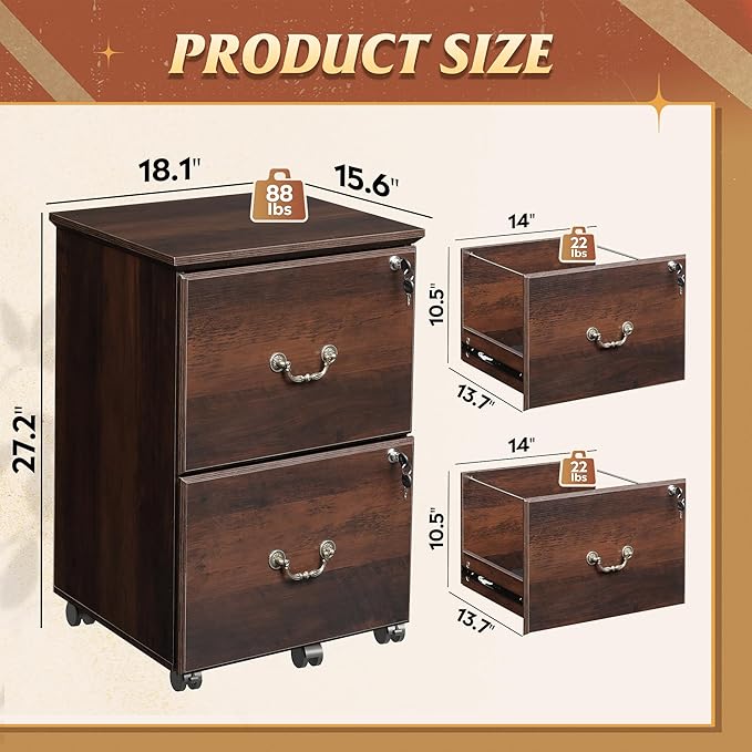DEVAISE File Cabinet 2-Drawer, Small Office Furniture with Lock, Rolling Under Desk Filing Cabinet for Home Office, Brown Oak