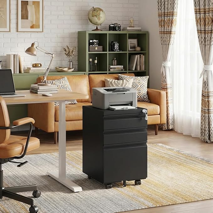 3 Drawer Metal File Cabinet with Lock and Wheels, Mobile Under Desk Filing Cabinet for Home Office, Lockable Organizer for Letter/Legal/A4, Rolling Storage Cabinet for Office & Study, Black