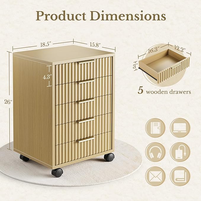 5 Drawer Chest, Under Desk Storage Wood Drawers with Wheels,Fluted File Cabinet for Home Office, Natural Walnut