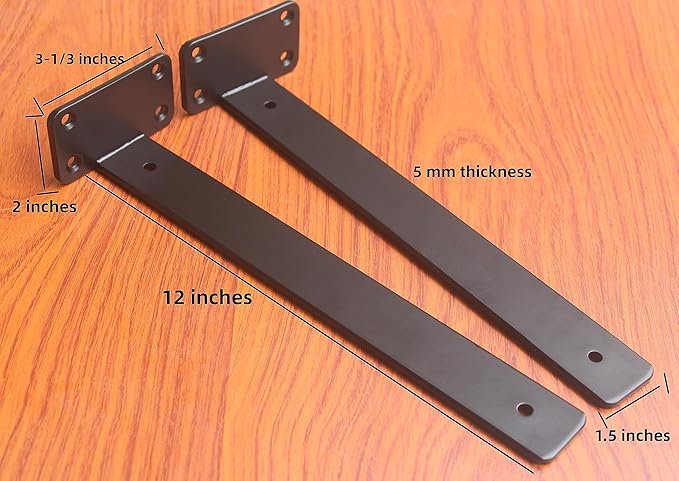 8 Pack - 12 inch Black Hidden L Shelf Bracket (1/5 Inch Thicked) Iron Floating Shelf Brackets Rustic Industrial Metal Brackets for Shelf Support