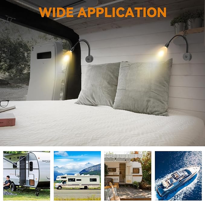 12V LED Reading Light RV Bedside Dimmable Reading Light with USB Charging Port 12 Volt Flexible Gooseneck Lamp for RV Boat Camper Van Travel Trailer Interior Lighting, 2 Pack