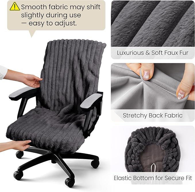 AELS Faux Fur Striped Office Chair Cover, Desk Chair Cover Computer Office Chair Covers - Fits Desk Chair/Armchair, Soft Breathable Fabric - Washable & Removable for Home & Office, Dark Gray