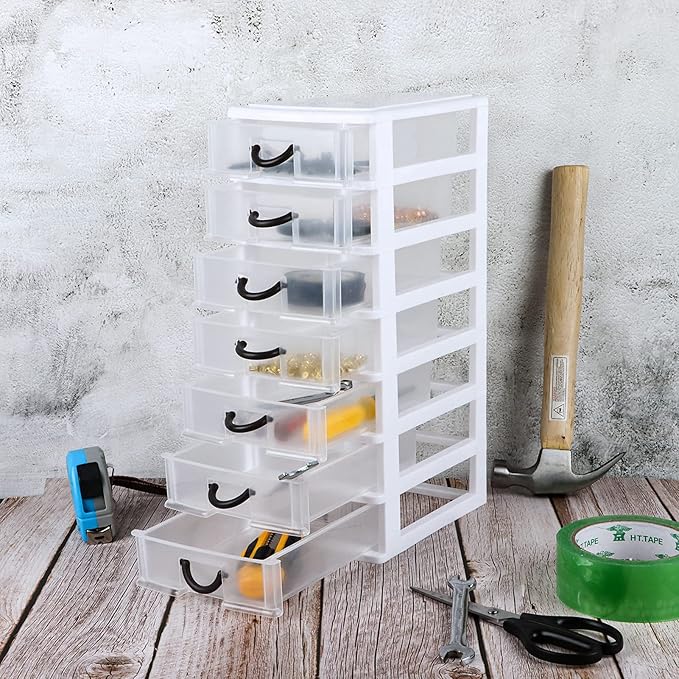 Rempry 7.1"x5.1"x13.2" Mini Organizer Box Storage Container Case with 7 Clear Desktop Drawer Units,White