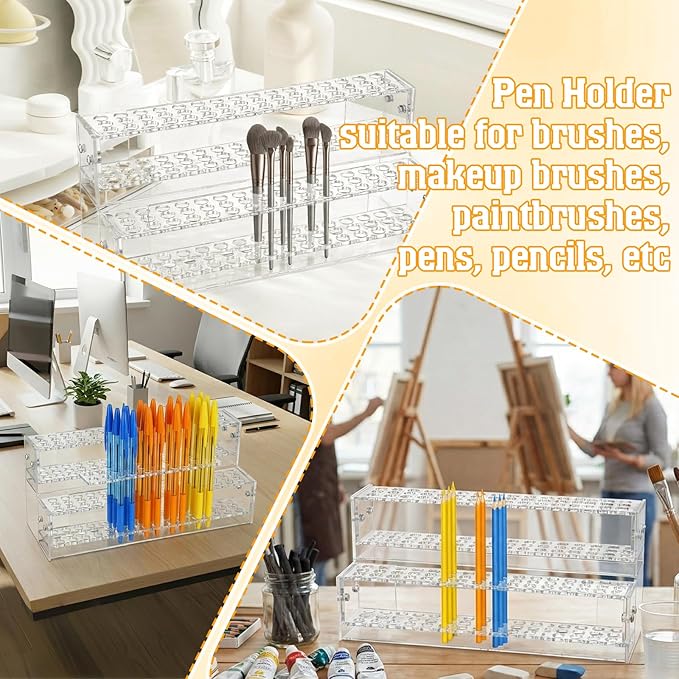 Acrylic Pen Display Stand, 2-Tier 96-Slots 1.2cm Wide Pen Holder Organizer Rack for Craft Shows, Makeup Brushes, Eyebrow Pencils, School & Office Desk Storage