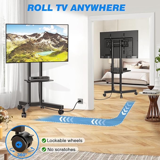 Rfiver Mobile TV Cart Rolling TV Stand with Power Outlet for 32-75 Inch Screens, Portable TV Stand on Wheels with Height Adjustment, Outdoor TV Mount Stand with Shelf Holds up to 88lbs for Home Office