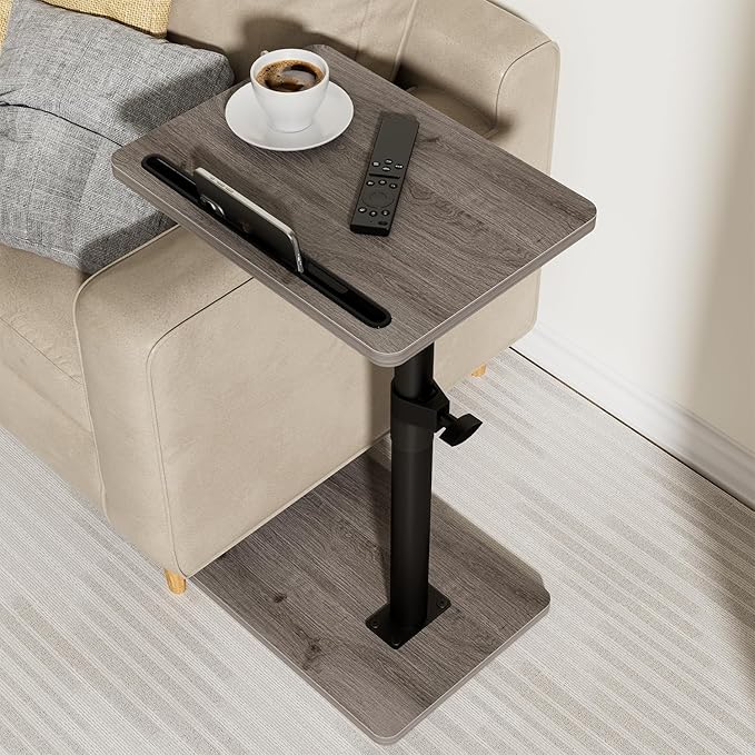 YUHFERA Sofa Armrest Tray Table for Couch - 360° Swivel Height Adjustable End for Small Spaces, Snack Side Table for Bed or Chair with Phone & Tablet Slot (Gray,Standard)