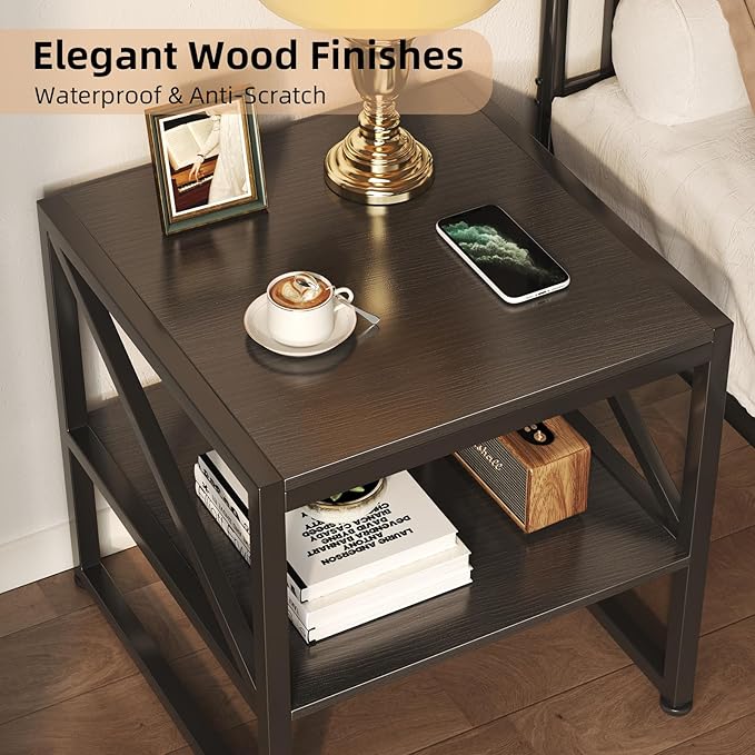 Mexin 20 Inch Square End Table, Mini Fridge Stand with 2-Tier Storage Shelf, High Load Capacity Printer Table for Living Room Bedroom, Black