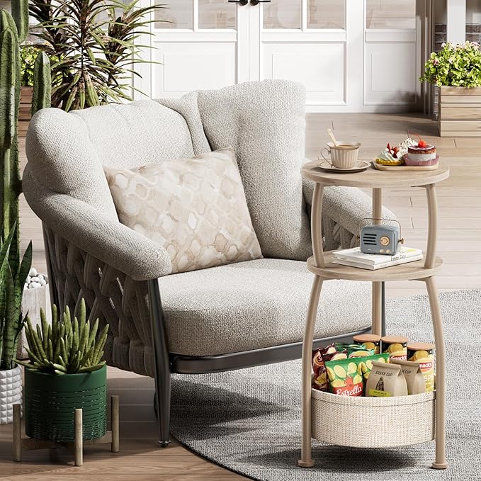Small Side Table with Storage Basket, Space Saving Round End Table 3-Tier Bedside Corner Table for Living Room, Bedroom, Garden and More 11.81in Light Oak