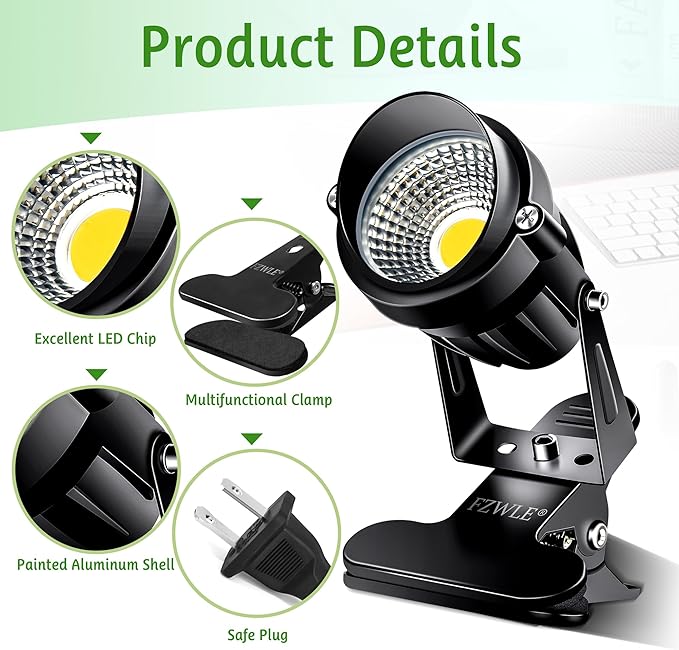 FZWLE Spot Lights Clamp Indoor Spotlights, 7W Clip on Lights Daylight White Uplights with 6FT Cord and Switch for Trade Show, Workshop, Billboard, Desk Lighting (2 Pack)