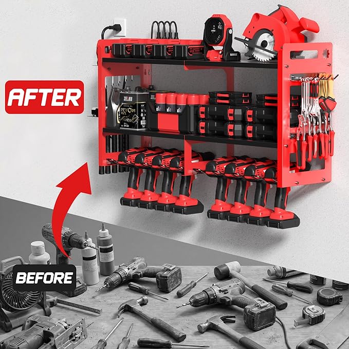 TOPRINCE Large Power Tool Organizer Wall Mount with Charging Station, 3-Tier Heavy Duty Metal Tool Rack with 8 Drill Holders and 6FT Power Strip, Garage Workshop Storage.Red