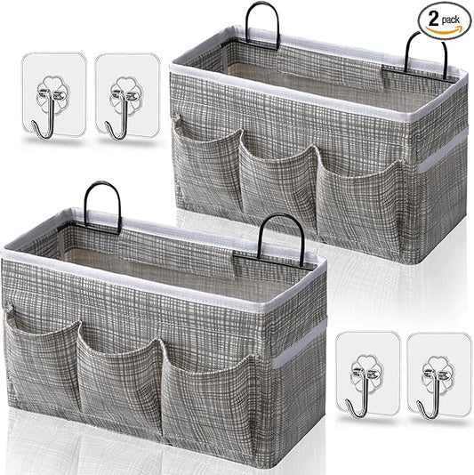 Kanrichu 2pcs 3-pockets Large Wall Hanging Organizer Bag, Linen Fabric Door Hanging Storage Baskets with Pockets, Waterproof Bin for Kitchen, Bedroom, Office, RV Camper (Stripe_2pcs)