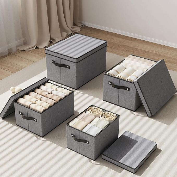 Storage Boxes, 7.1 x 9.1 x 13 Inch Closet Organizers for Shelves Bedroom Office with Handles, Storage Bins with Lids, Gray, 3-Pack
