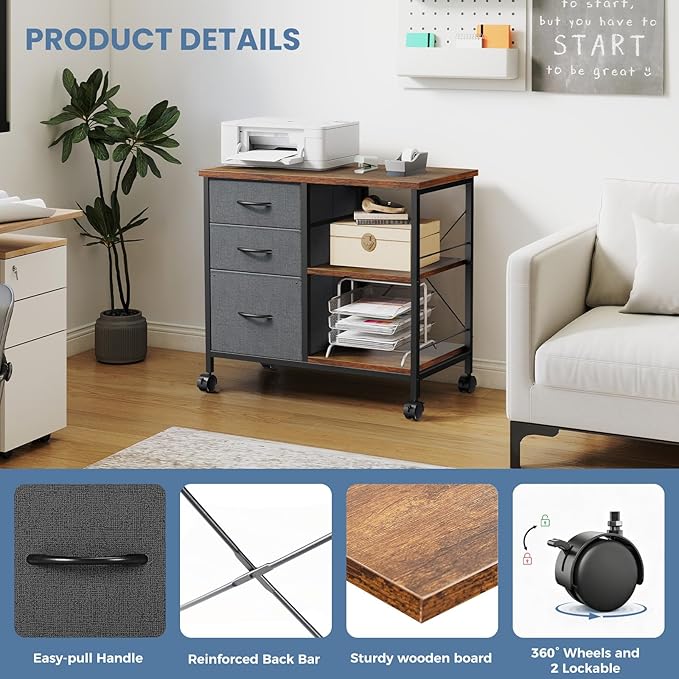 DUMOS File Cabinet, Mobile Storage Cabinet with 3 Drawers and Back Support Bar, Spacious Printer Stand with Storage Supporting 198 lbs for Home Office, Rust