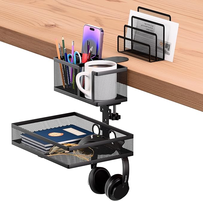 6-in-1 Clamp On Desk Organizer with Cup Holder & 360° Rotating Under Desk Drawer, Swappable Parts, Easy to Install Standing Desk Drawer Attachment, Space-Saving for Home & Office