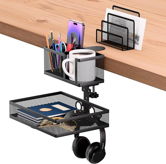 6-in-1 Clamp On Desk Organizer with Cup Holder & 360° Rotating Under Desk Drawer, Swappable Parts, Easy to Install Standing Desk Drawer Attachment, Space-Saving for Home & Office