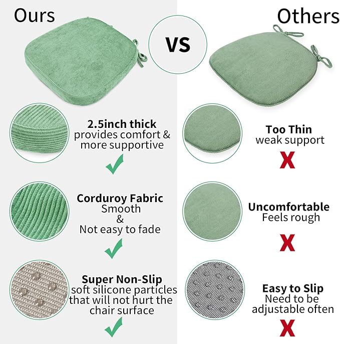 2.5" Thick Chair Cushions for Dining Chair, Corduroy High Density Foam Kitchen Chair Pads, U Shaped Indoor Seat Cushions with Ties & Non-Slip Backing, Washable Cover, 17''x16.5'', Green