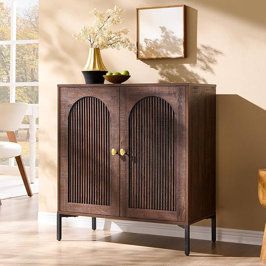 IFGET Modern Buffet Cabinet with Storage, 34" Tall Fluted Arched Sideboard Cabinet w/Adjustable Shelves, Wooden Modular Coffee Bar for Dining Room, Kitchen, Living Room, Entryway, Brown