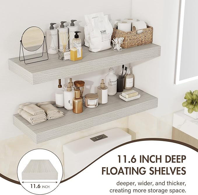 Acovy 55 Inch Floating Shelves, 12" Deep Floating Shelf Wall Mounted, 55" Wall Shelves, Rustic Deep Bookshelf, Extra Deeper & Thicker Display Shelves for Bedroom, Living Room, Gray, Set of 2