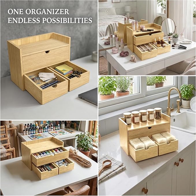 Bamboo Desk Organizer with 3 Drawers and Shelf, Desktop Drawers 13.4 x 7.3 x 8.1 Inches Countertop Storage Box for Office Supplies Makeup Kitchen, Wooden Tabletop Drawer No Assembly Required