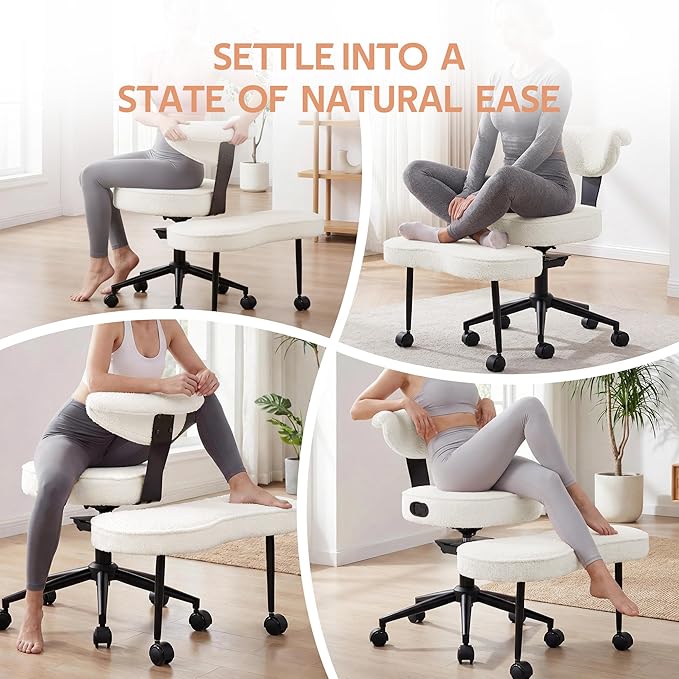 Ergonomic Kneeling Chair with Wheels, Cross Legged Office Chair with High Lumbar Support, 360° Swivel Meditation Chair for ADHD & Yoga, Wide Criss Cross Chair for Home