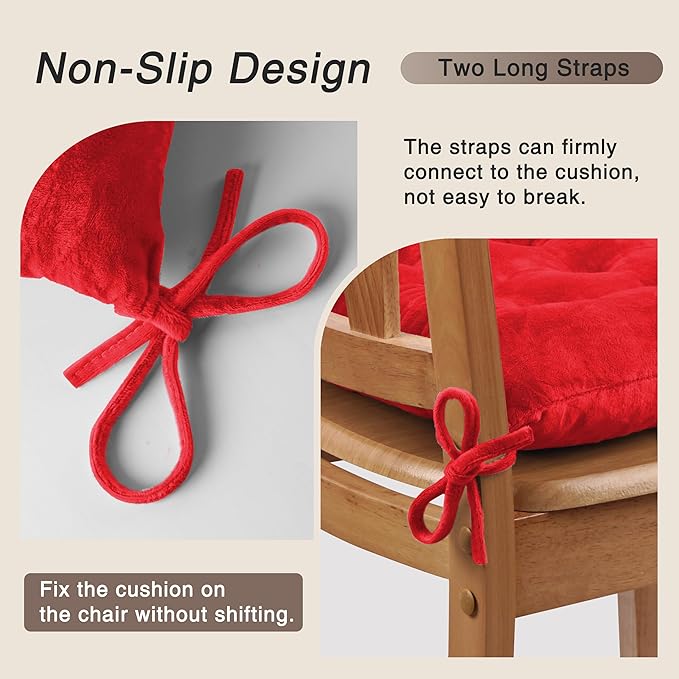 OVOV 2 Pack Chair Cushions for Dining Chairs Soft Seat Cushions for Kitchen Desk Chairs Square Chair Pads with Ties (15.5"x15.5" Red)