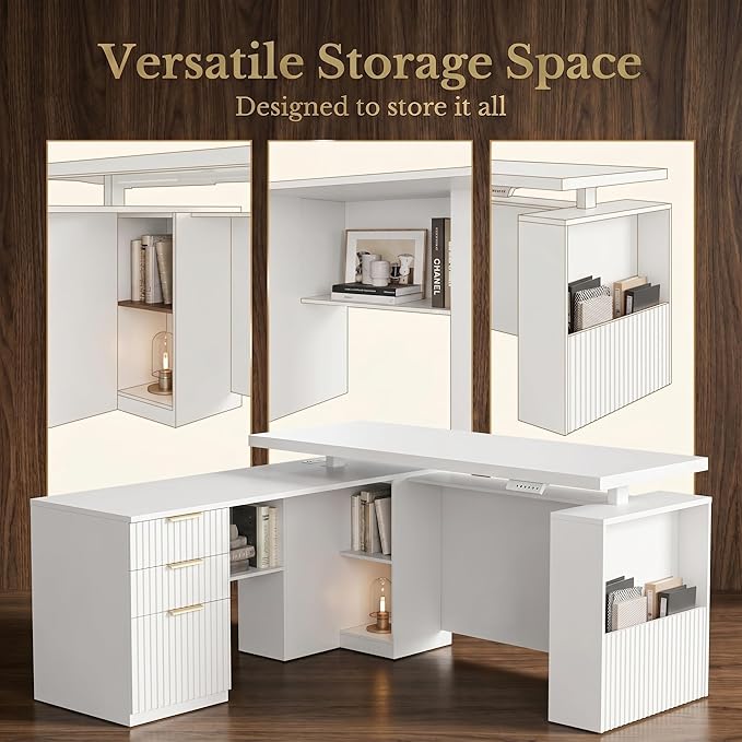 63 Inches L Shaped Standing Desk, Executive Standing Desk with Drawers and File Cabinet, AC/USB, 1.18" Desktop, Multi-Sized Storage Cubby, Privacy Panel, Fluted Computer Desk, White