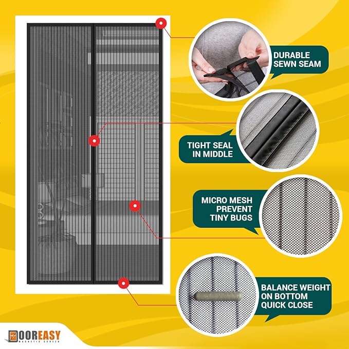 DOOREASY Magnetic Screen Door, Optional Sizes Door Mesh Screen, Quick Magnetic Closure,Loop Fully Sewn Easy Install Door Screens with Magnets(Fits Doors Up to 46"x95")