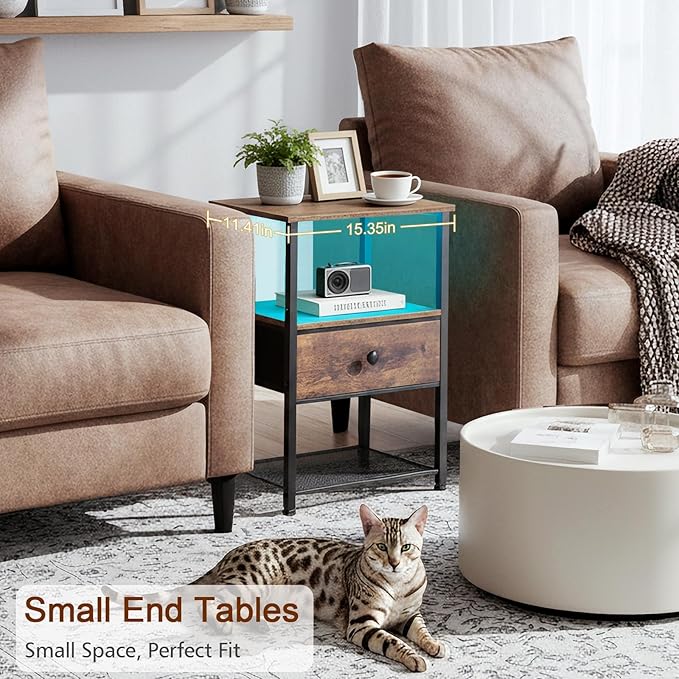 LOAKEKEL Night Stand Set 2, LED Nightstand with Charging Station, End Tables Living Room with Fabric Drawer for Small Spaces, Bed Side Tables with Storage Shelf for Bedroom, Brown, HETS01PBR