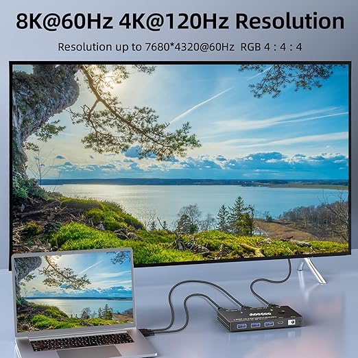 8K@60Hz HDMI KVM Switch 1 Monitors 2 Computers 4K@144Hz KVM Switches with USB 3.0 Port,Wired Remote,Power Adapter and USB3.0 Cables Included(10cm 2 PC 1 Monitor 8K KVM)