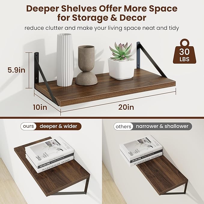 Axeman Deep Floating Shelves | 20 Inch Walnut Wall Shelves Set of 2 | 10 Inch Deep Rustic Wood Shelves for Wall | 20'' W x 10''D Walnut Shelves for Living Room Bathroom Kitchen