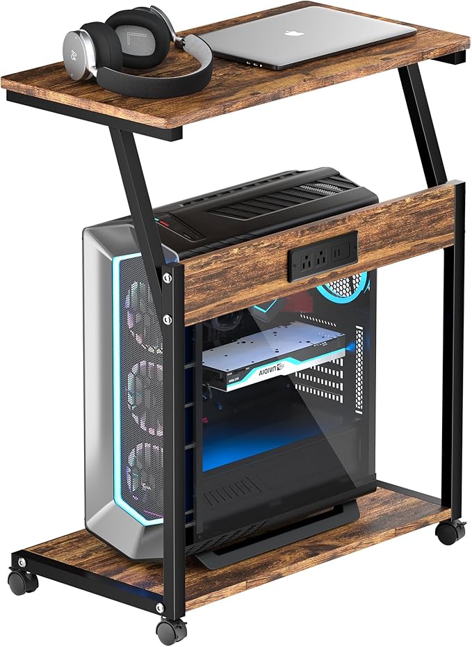 FANXIYQ Computer Tower Stand with 360° Locking Casters, 5 Height Adjustable Mobile CPU Cart, Under Desk PC Holder for Gaming Desktop, Home Office Organization, Wood Grain