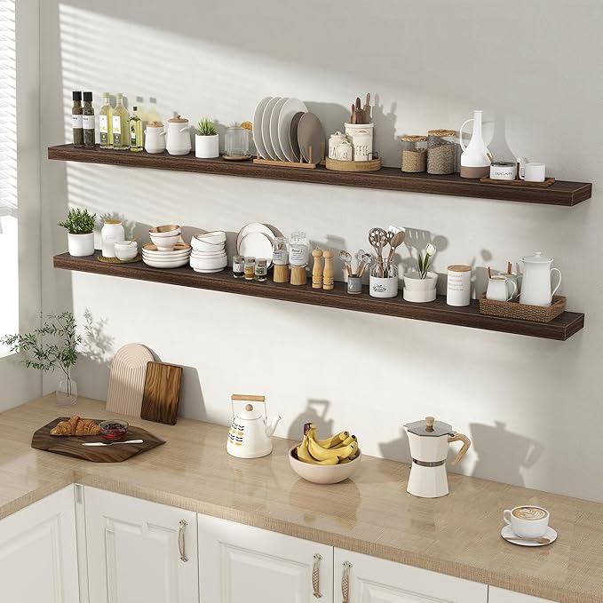 Acovy 72 Inch Floating Shelves for Wall 2 Pack, 72" Wall Shelves for Books, Storage, Decor, Wall Mounted Floating Shelf with Invisible Brackets for Kitchen, Living Room, Walnut