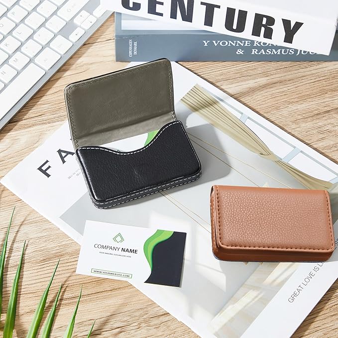 Outus 2 Pcs Business Card Holder, PU Leather Business Card Case Pocket Wallet with Magnetic Shut for Valentines Gift Adult(Black, Apricot)